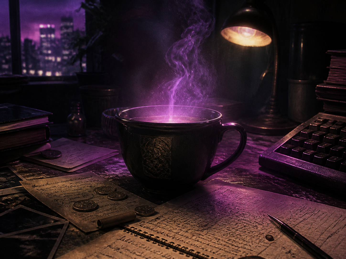 An unusual coffee cup glows on a desk at night
