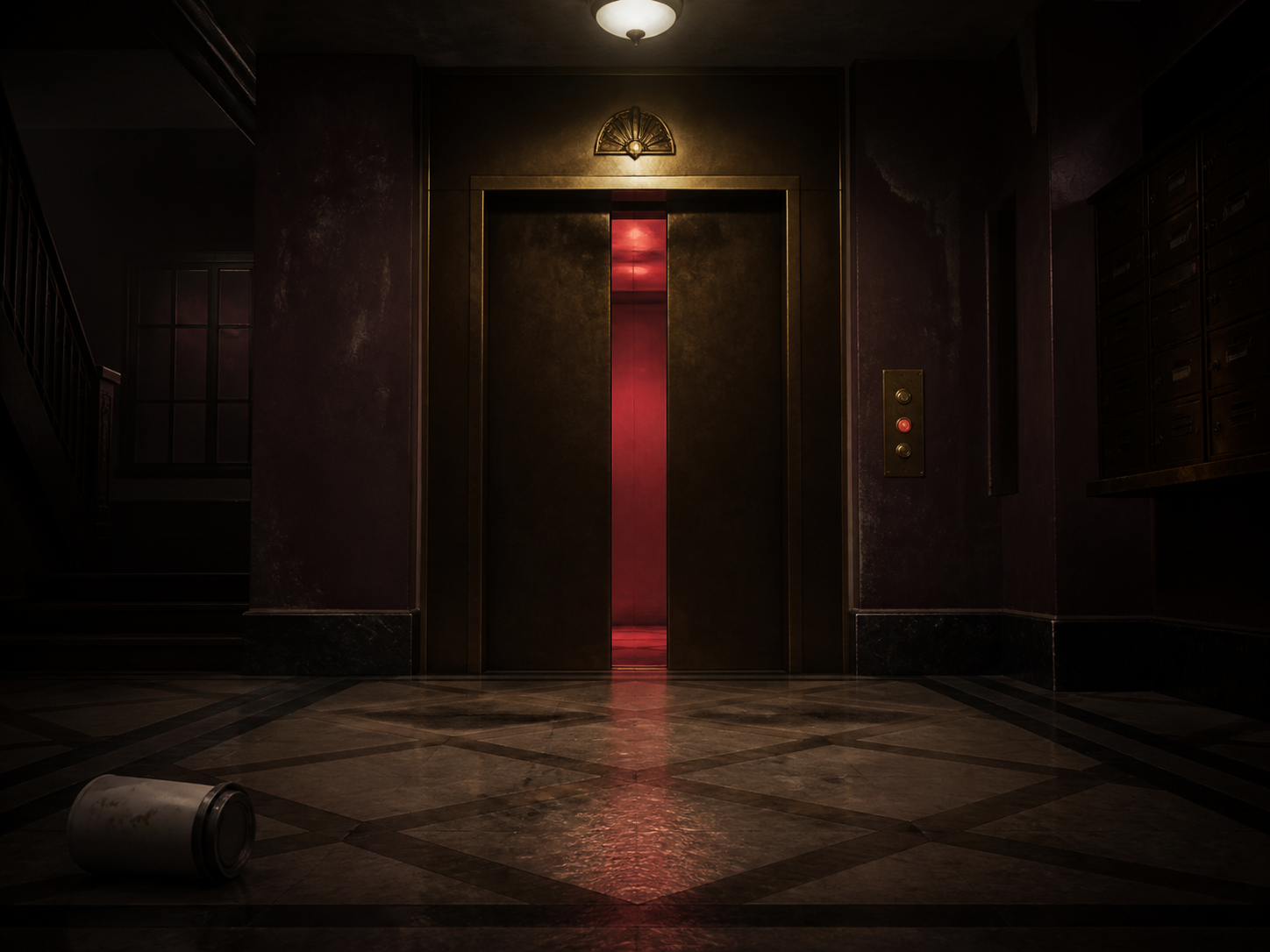 An apartment elevator opens onto a red glow