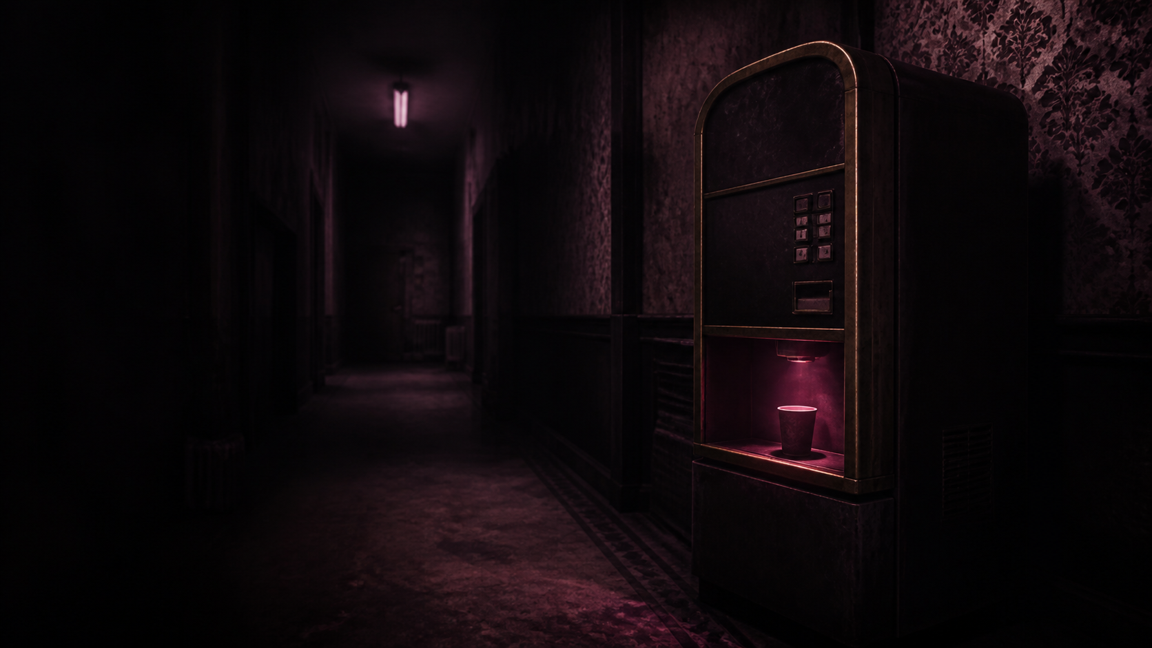 A mysterious coffee machine glows in a dark apartment hallway